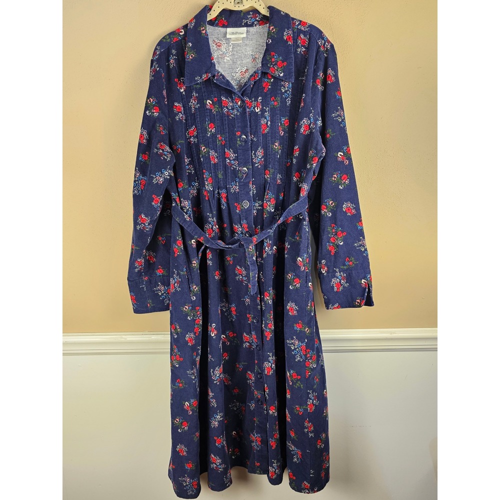 The Vermont Country Store Womens Blue Corduroy Floral Pintuck Dress XL